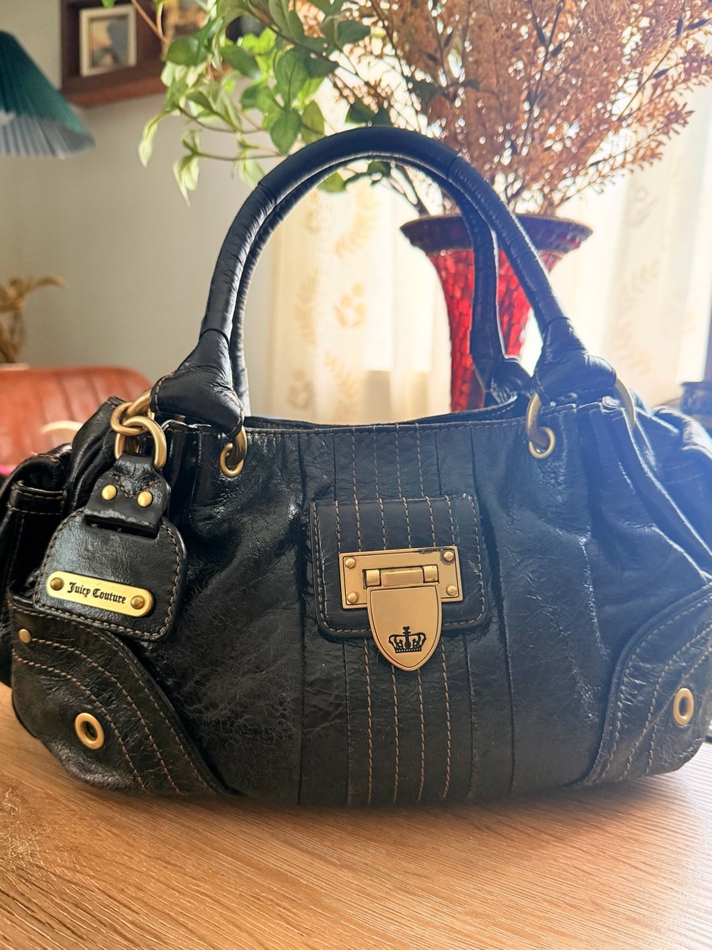 Juicy Couture Black Leather Shoulder Bag with Gold Hardware